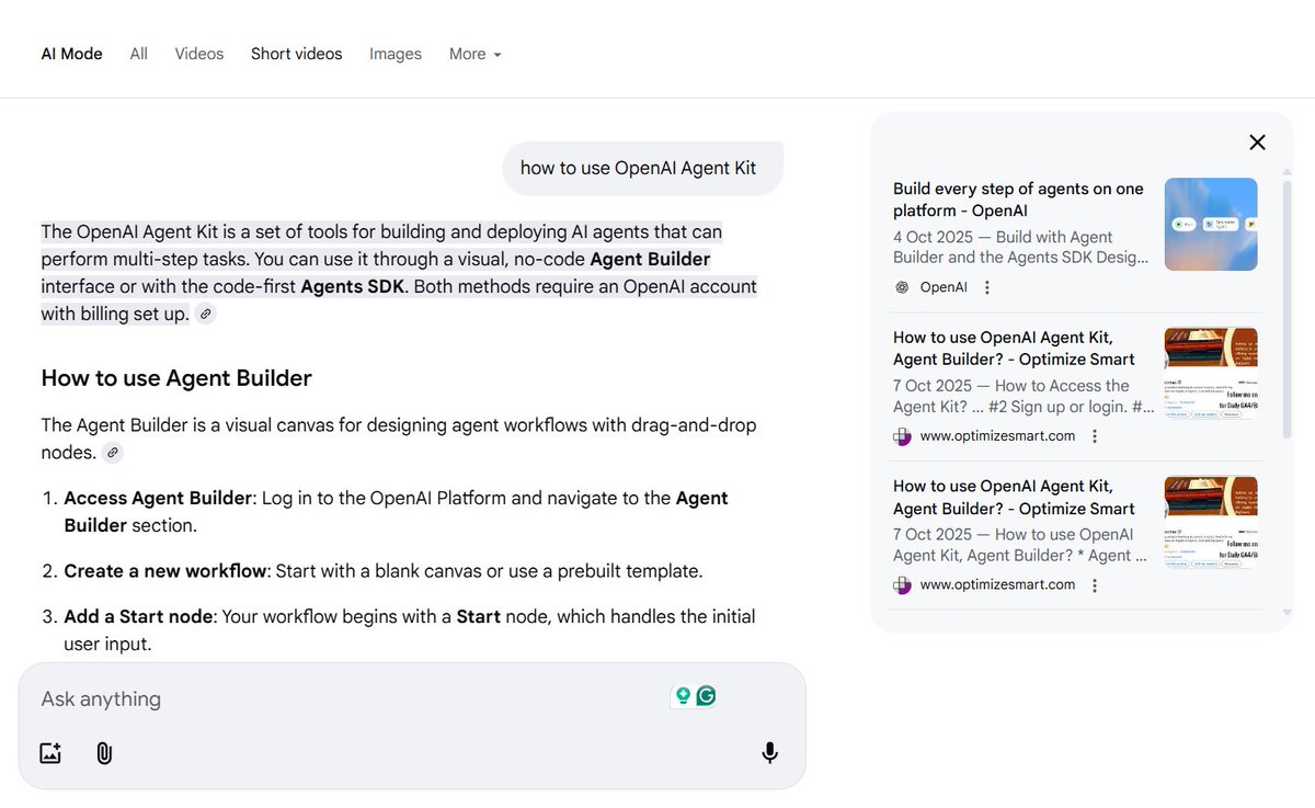 analyticsnerd's tweet image. My article is listed in AI mode because it is easier to follow and more complete than the OpenAI documentation. Not because I used a special AIO hack.
In fact, most of the AI-generated response you see below is stolen content from my article. That's all there is. I didn't do…