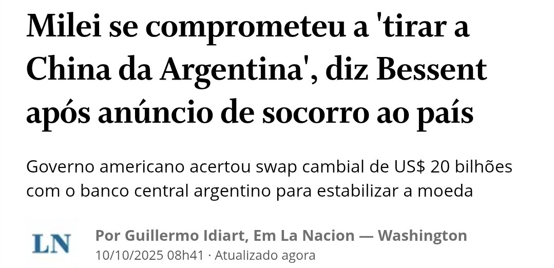 Milei ganhou um swap de US$ 20 bilhões pra “tirar a China da Argentina”.  

Imaginem a lista de pedidos do Rubio pro Brasil.  

Mas tem "analista" jurando que o Lula é o elo forte da negociação por causa dos minerais críticos.