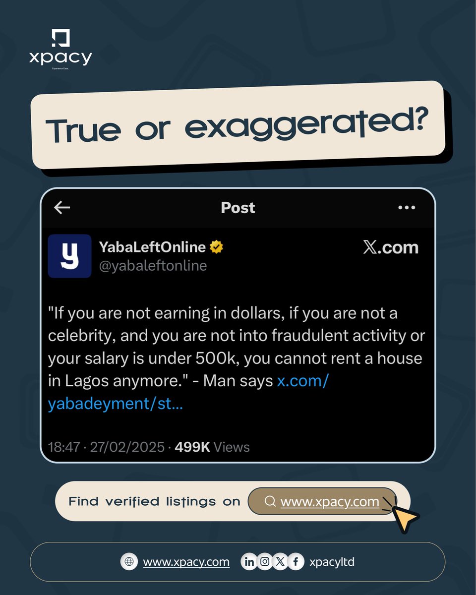 xpacyltd's tweet photo. Let’s talk about it.

What’s really driving this? Land scarcity? Dollar-based landlords? Or just market chaos?

Drop your thoughts 👇🏽
Let’s have an honest conversation about renting in Lagos today.

Xpacy…experience ease.

#xpacy #experienceease #realestatenigeria https://t.co/VuWA28dO2k