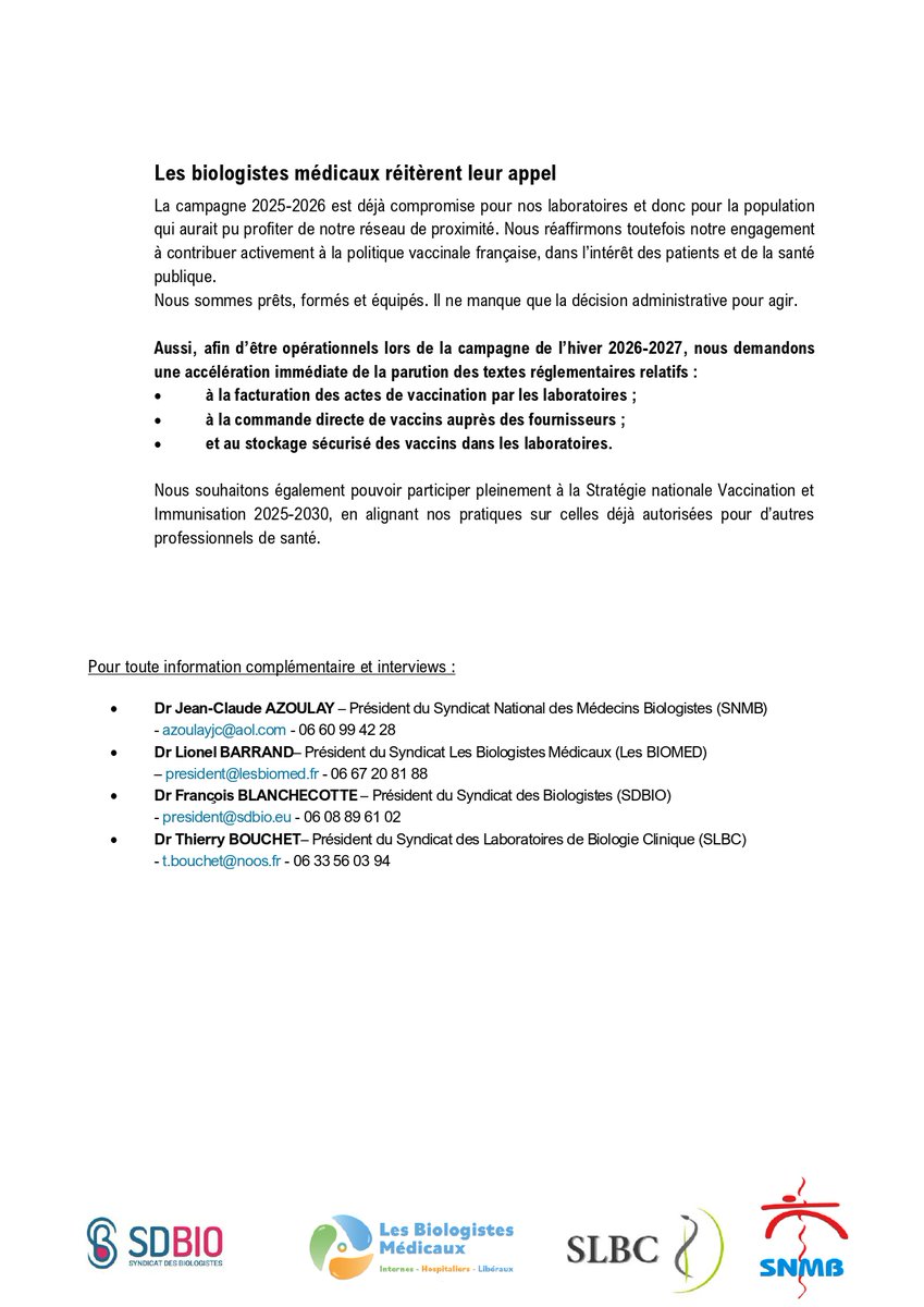 💉 Campagne vaccinale 2025-2026 : les biologistes médicaux toujours écartés du dispositif
Prêts, formés et équipés, nous restons exclus faute de textes réglementaires publiés à temps
Un gâchis pour la prévention et la santé publique
#Vaccination #SantéPublique #BiologieMédicale