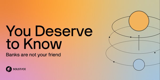 AbidinaSaminu1's tweet image. Banks are not your friends 

Don't just let you  $$$  sleep in banks and their profits from your $$$. 

Your banks want you blind. @solsticefi  operates in light

Solstice offers live reserve, efficient institutional grade strategies with full transparency.

Hold your keys ans