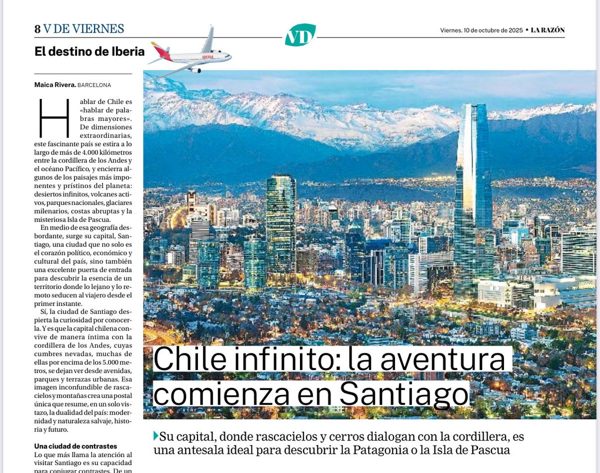 Hablar de #Chile es “hablar de palabras mayores”. Por ejemplo, su capital, #SantiagoDeChile, convive de manera íntima con la Cordillera de los Andes.
✔️ ¡Mi artículo ✍️ de hoy en <a href="/larazon_es/">La Razón</a> !
*En edición impresa, y en digital 👉 larazon.es/viajes/chile-i…
#viajar ✈️ #Chile