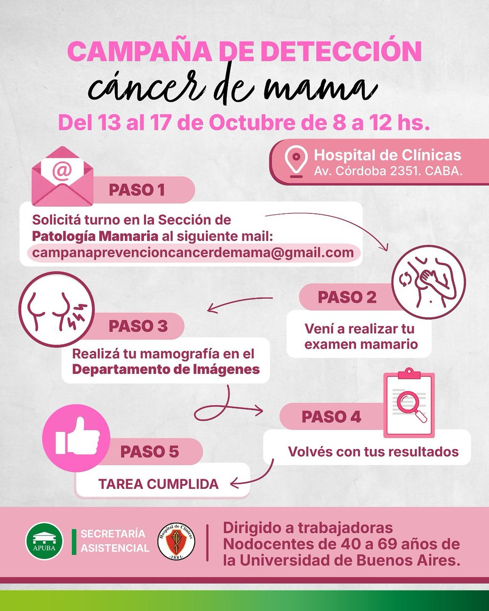 CAMPAÑA DE DETECCIÓN DE CÁNCER DE MAMA

El mes ROSA o de Concientización sobre el Cáncer de Mama tiene como objetivo fomentar y promover la detección de esta enfermedad generando actividades en todo el mundo.

APUBA, a través de la Secretaría Asistencial, junto con el Hospital de
