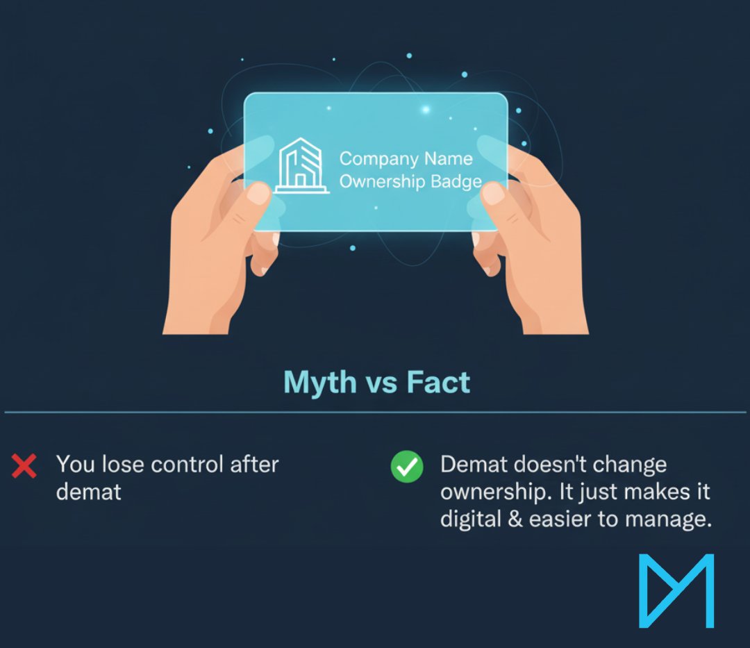 myshareholding's tweet image. Myth: You lose control after demat.
Fact: Demat doesn’t change ownership. It just makes it digital &amp;amp; easier to manage.
#ISIN #Demat #Shareholding #Share #StartupTips