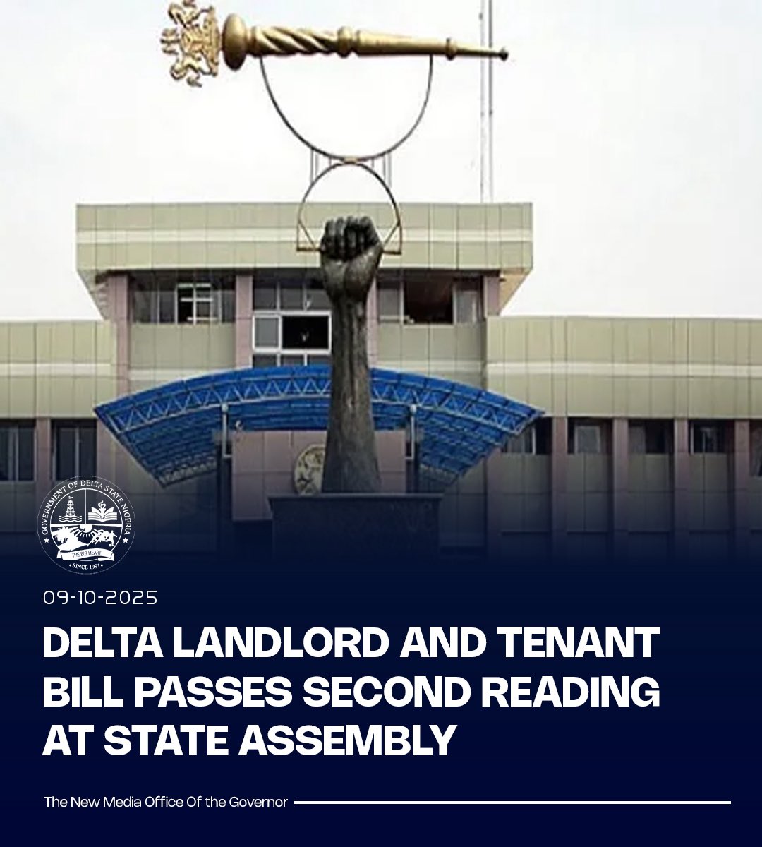 DSGovernment's tweet image. The Delta State Landlord and Tenant Bill has scaled second reading at the State House of Assembly, advancing efforts to regulate tenancy practices and curb rising rent costs across the State.
Sponsored by the Majority Leader, Hon. Emeka Nwaobi, the bill seeks to protect both…