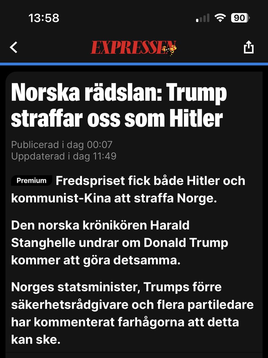 lunalovesspace's tweet photo. @amino1music @jdcmedlock Headline in a big Swedish news paper. 
”Norwegian fear: Trump will punish us as Hitler”.
.
.
. 

”Norways prime minister, Trumps previous security advisor and several party members have expressed concern e that this can happen.” https://t.co/UaMqVCHiVb