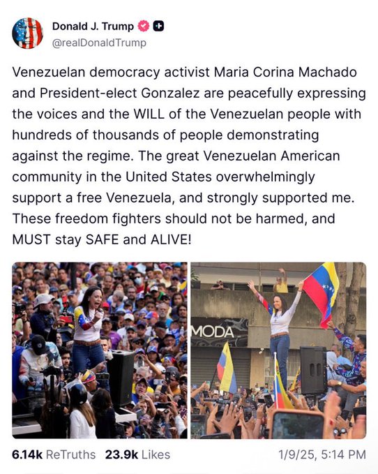 Two side-by-side photos show crowds of people gathered at a public demonstration in Venezuela. In the left image, a large group holds up a yellow banner with text reading MODA while waving Venezuelan flags. In the right image, a woman in a white top stands on a stage holding a microphone with a crowd below waving more Venezuelan flags. The images accompany a quoted post from Donald J Trump supporting Venezuelan American community and activist Maria Corina Machado.