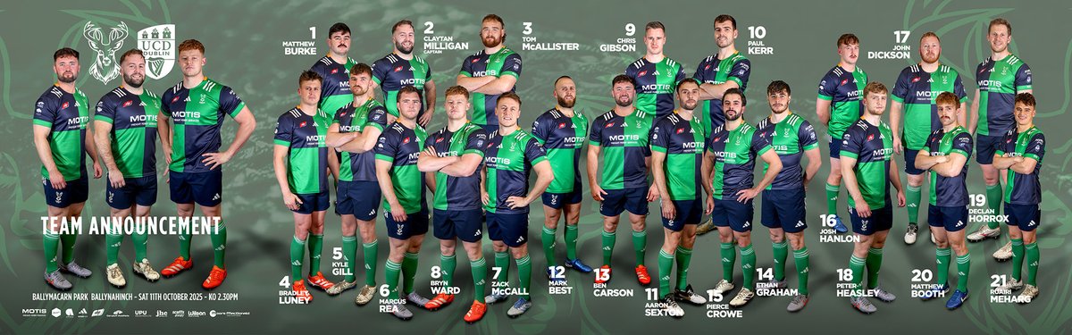 Here is the Hinch team for the AIL RD3 fixture against UCD 🟢⚪️🔵🟡 🏉🦌 #stagsup