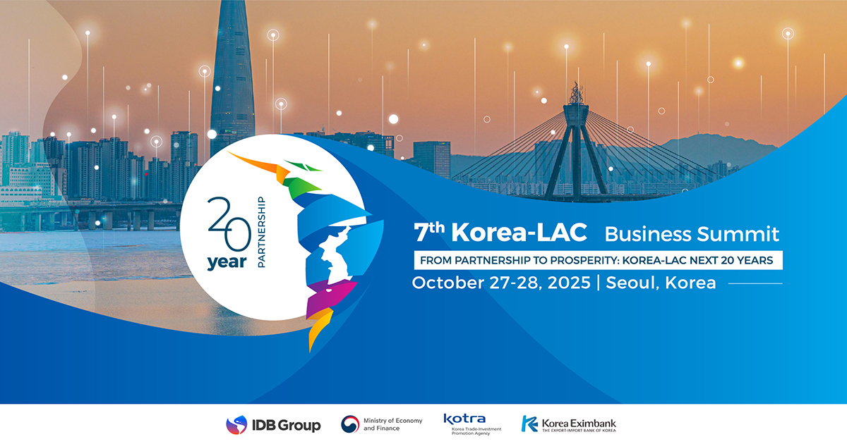 Mark your calendar for the #KoreaLAC Business Summit. — Celebrating 20 years of partnership between the IDB Group and the Government of the Republic of Korea. Global leaders will gather to explore opportunities in trade, investment and innovation.
🗓️ When: October 27-28, 2025