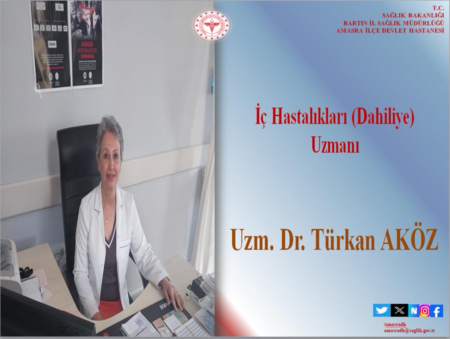 A woman in a white lab coat and red skirt sits at a wooden desk in an office, holding documents and looking at the camera. Blue background text reads Uzm. Dr. Türkan Aköz and Dahiliye (İç Hastalıkları) Uzmanı. Hospital logos including a medical caduceus symbol and names Amasra İlçe Devlet Hastanesi and Bartın Sağlık Müdürlüğü appear on the sides. Social media icons for Instagram and Facebook are at the bottom right.