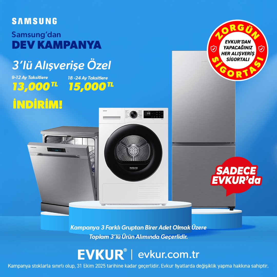 Samsung’dan 3’lü Alışverişe Özel Büyük İndirim!
9-12 ay taksitlerde 13.000 TL, 18-24 ay taksitlerde 15.000 TL indirim fırsatı!
Bu kampanya sadece Evkur’da!
evkur.com.tr//samsung-uclu-…
#evkur #samsung