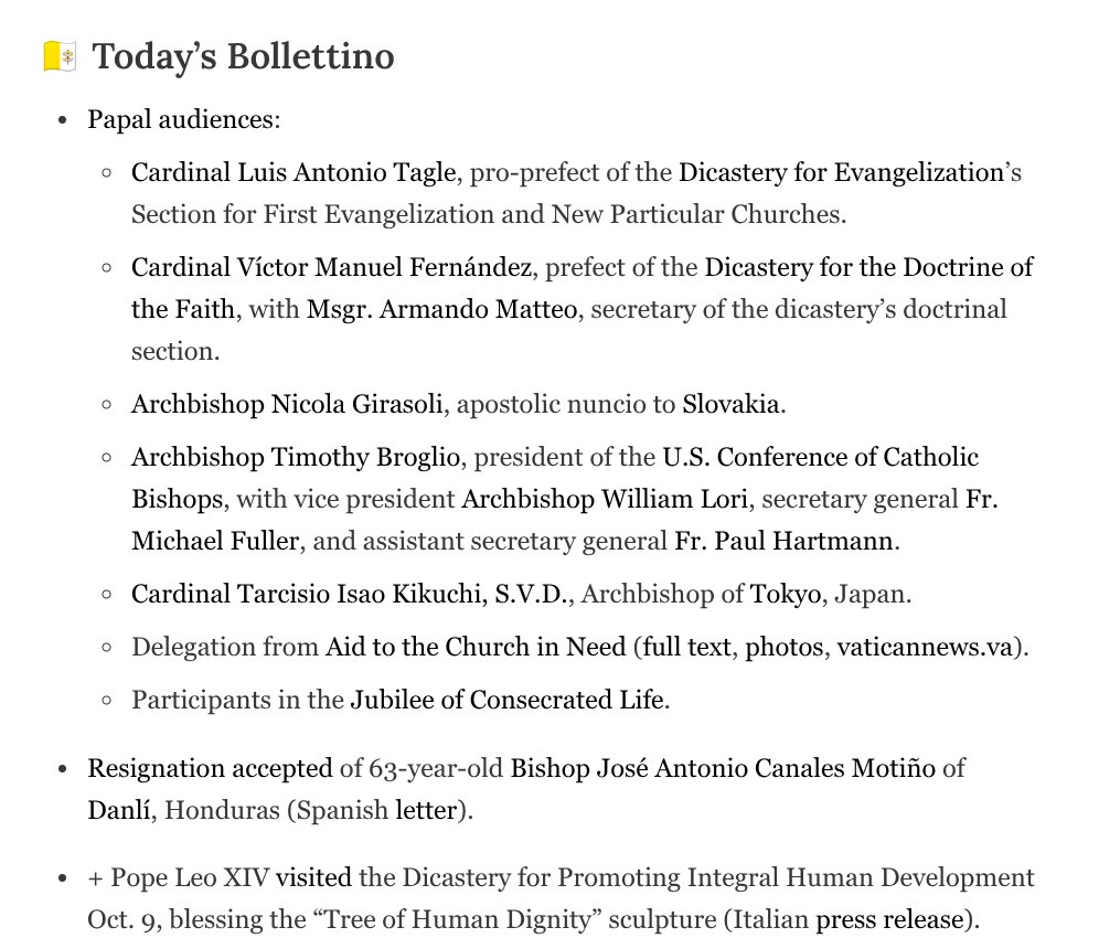 ‣Pope Leo XIV meets USCCB leadership 🇻🇦🇺🇸 

‣Homemade bomb thrown at Dhaka church 🇧🇩

‣63-year-old Honduran bishop resigns, citing exhaustion 🇭🇳

‣Sister Jean dies at 106 🇺🇸

Starting 7: tinyurl.com/bdej6cz5

Sign up: tinyurl.com/ye6u5xb4