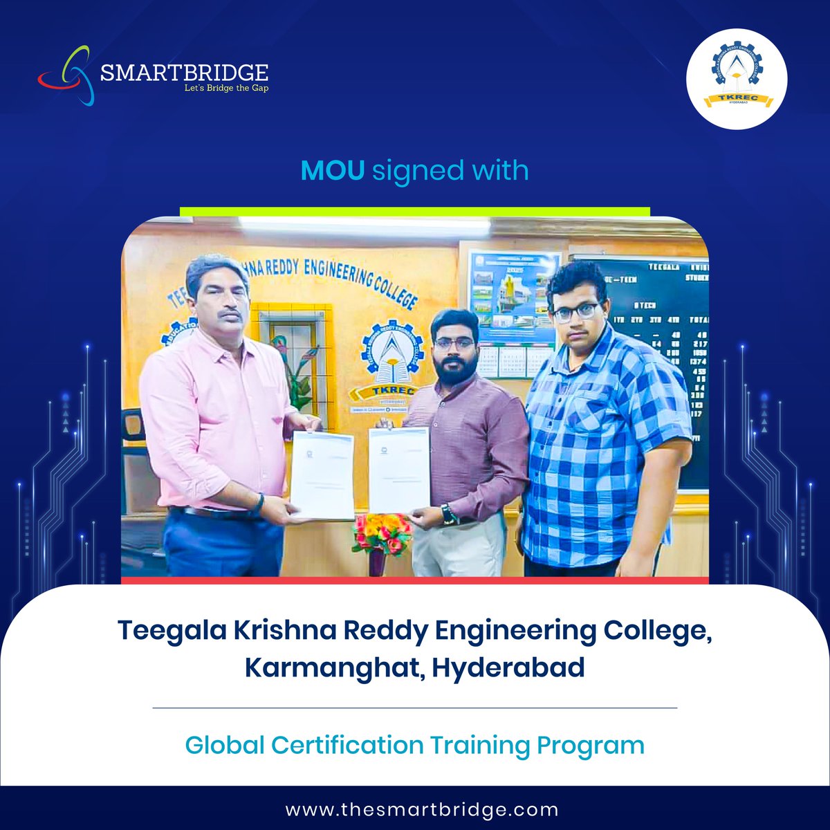 thesmartbridge's tweet image. 🚀 A new chapter in student empowerment!

#SmartBridge partners with Teegala Krishna Reddy Engineering College, Hyderabad to deliver the Global Certification Training Program — bringing hands-on skills, global credentials &amp;amp; industry readiness to campus.

#TKREC #SkillDevelopment