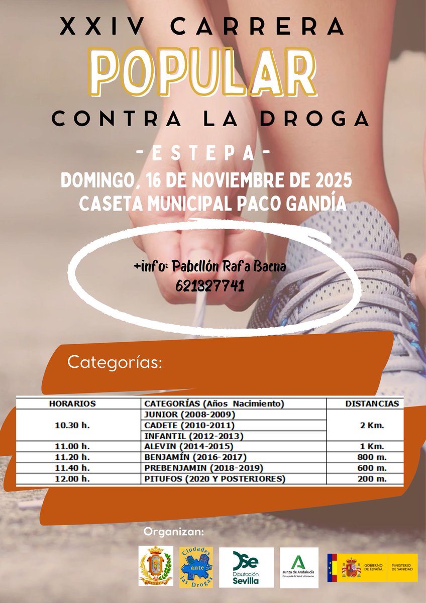 Ayto. de Estepa (@aytodeestepa) on Twitter photo XXIV CARRERA POPULAR CONTRA LA DROGA
Domingo, 16 de Noviembre de 2025
Caseta Municipal Paco Gandía
Categorías de pitufo a juvenil.
Más información en el Pabellón Rafa Baena: 621327741
<a href="/DIPUSEVI/">Diputación de Sevilla</a> <a href="/AndaluciaJunta/">Junta de Andalucía</a> XXIV CARRERA POPULAR CONTRA LA DROGA
Domingo, 16 de Noviembre de 2025
Caseta Municipal Paco Gandía
Categorías de pitufo a juvenil.
Más información en el Pabellón Rafa Baena: 621327741
<a href="/DIPUSEVI/">Diputación de Sevilla</a> <a href="/AndaluciaJunta/">Junta de Andalucía</a>
