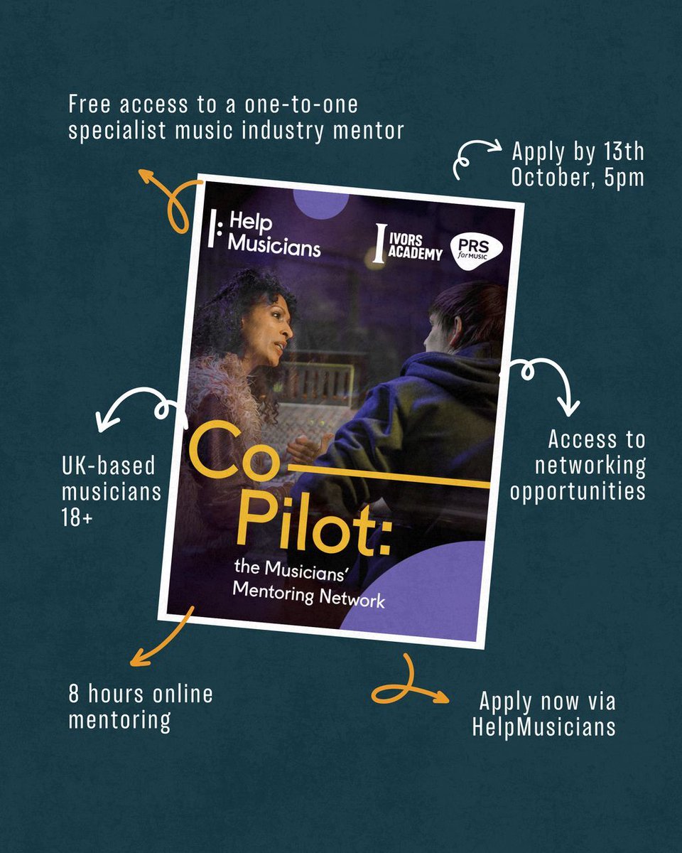 Applications are now open for Co-Pilot: the Musicians’ Mentoring Network by <a href="/HelpMusicians/">Help Musicians</a>.

- 8 hours of free one-to-one mentoring
- Peer networking &amp; expert-led sessions
- Exclusive digital resources &amp; support

🕓  Deadline: Fri 10 Oct.

Apply now - helpmusicians.org.uk