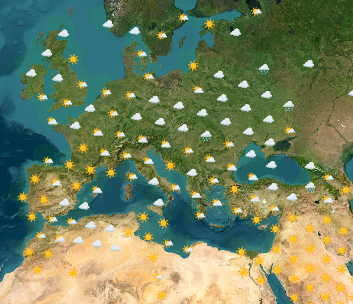 #Irlanda 🇮🇪: Nublado con algo de sol en el sureste.
#Francia 🇫🇷: Mayormente soleado en todo el país.
#España 🇪🇸: Despejado y soleado en la mayoría de las regiones.
#Portugal 🇵🇹: Mayormente soleado, algunas nubes en la costa.
#Alemania 🇩🇪: Nublado con lluvias dispersas en el este