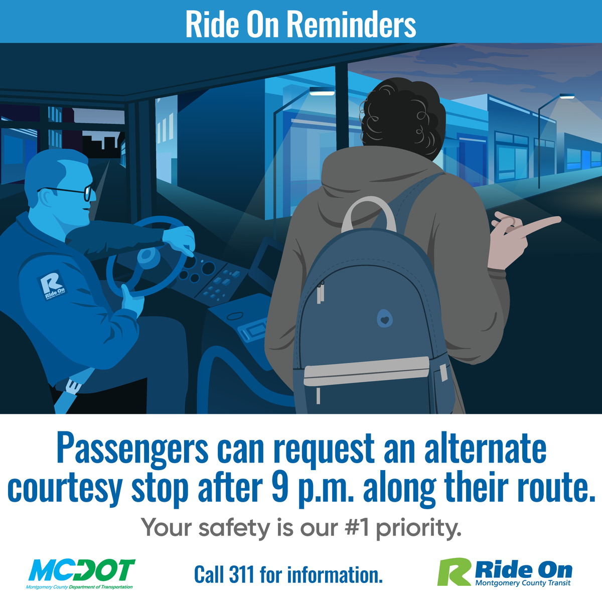 RideOnMCT's tweet photo. Your safety is our #1 priority. Passengers can request an alternate courtesy stop after 9 p.m. along their route. https://t.co/Y6RAFzy31Q