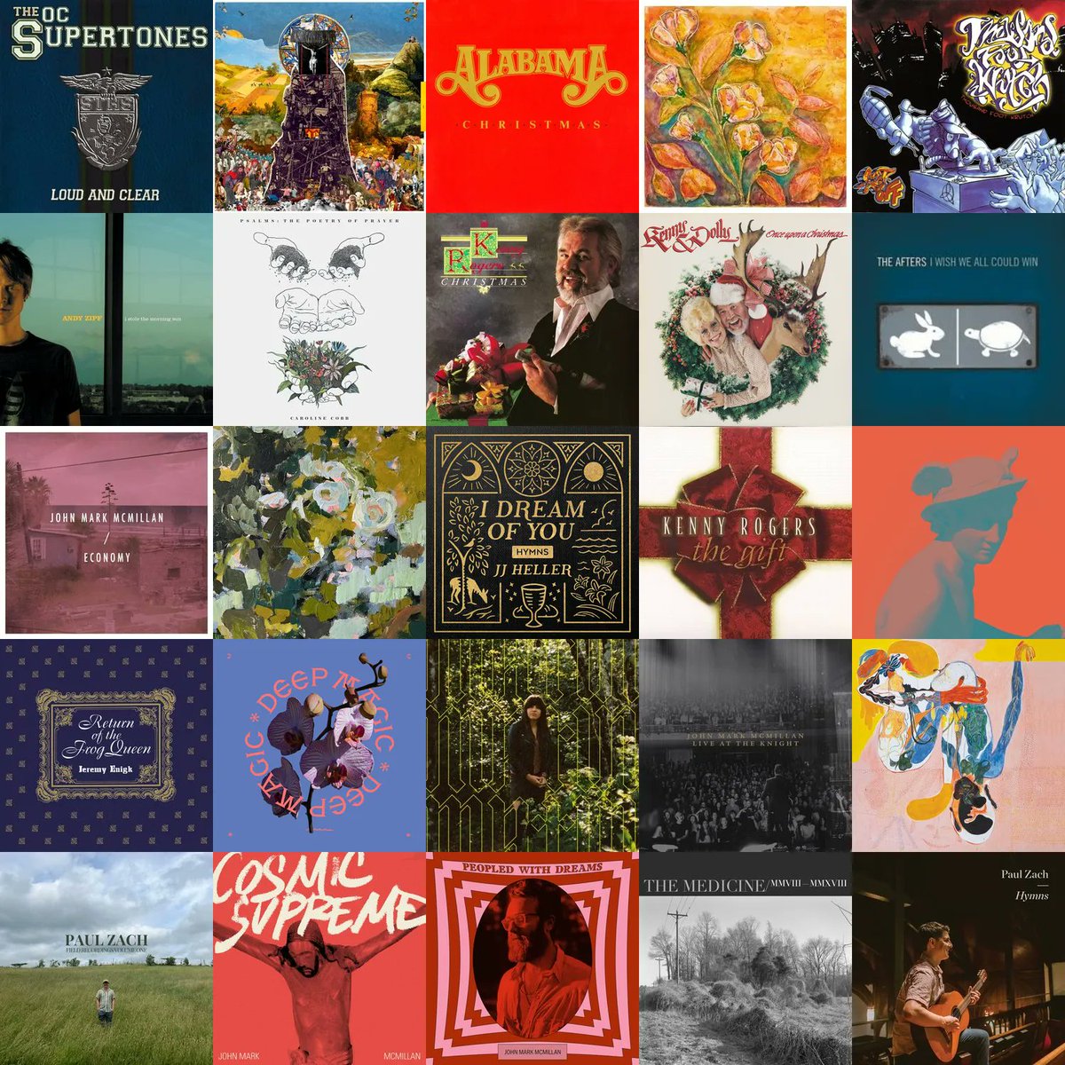 This week's 5x5.
Had a moment of weakness and listened to some country Christmas music.

Mostly folky stuff this week. 

Not featured: Lackluster by Aaron Sprinkle and Comatose Comes Alive by Skillet... no album artwork, apparently?

#CCMTwitter