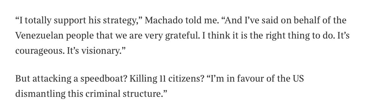 Machado is a fan of the lawless US campaign of blowing up her compatriots in the Caribbean—a curious kind of peace. ("His" here means "Trump's.")
