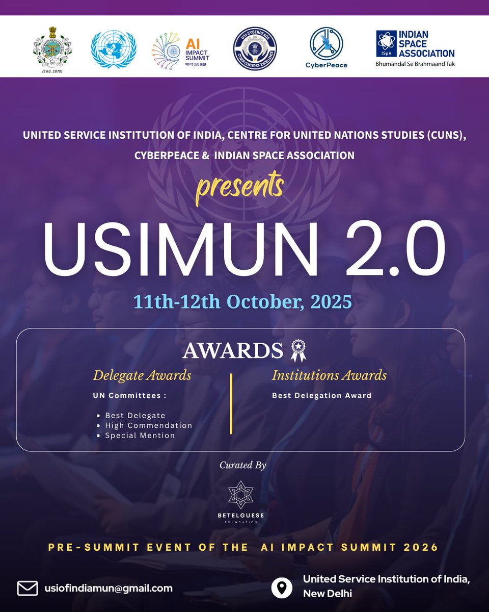 CyberPeace Foundation (@cyberpeacengo) on Twitter photo Get ready for an exciting opportunity at #USIMUN2025! 🌍✨
The <a href="/USIofIndia/">United Service Institution of India</a>, Centre for United Nations Studies (CUNS), #CyberPeace☮️ and <a href="/ISpA_India/">ISpA - Indian Space Association</a>, presents USIMUN 2.0, curated by the Betelguese Foundation.
📍 Venue: USI, Shankar Vihar, New Delhi
Engage, debate, and shape Get ready for an exciting opportunity at #USIMUN2025! 🌍✨
The <a href="/USIofIndia/">United Service Institution of India</a>, Centre for United Nations Studies (CUNS), #CyberPeace☮️ and <a href="/ISpA_India/">ISpA - Indian Space Association</a>, presents USIMUN 2.0, curated by the Betelguese Foundation.
📍 Venue: USI, Shankar Vihar, New Delhi
Engage, debate, and shape