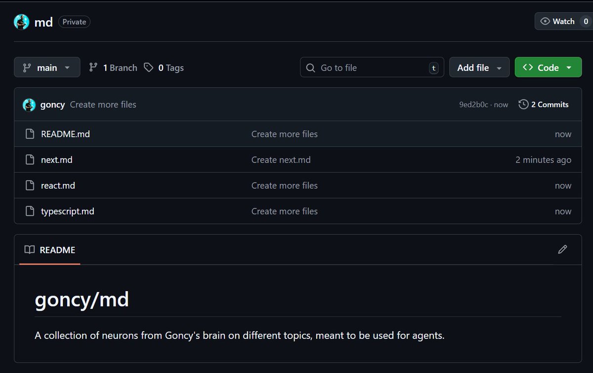goncy's tweet image. Decidí crear un repo (por ahora privado) llamado goncy/md que es una colección de "neuronas" con conocimiento sobre distintos temas, como Next.js, Typescript, etc.
Pensado para usar como contexto para agentes (o mediante un MCP server), la idea es que cuando aprendo algo o…