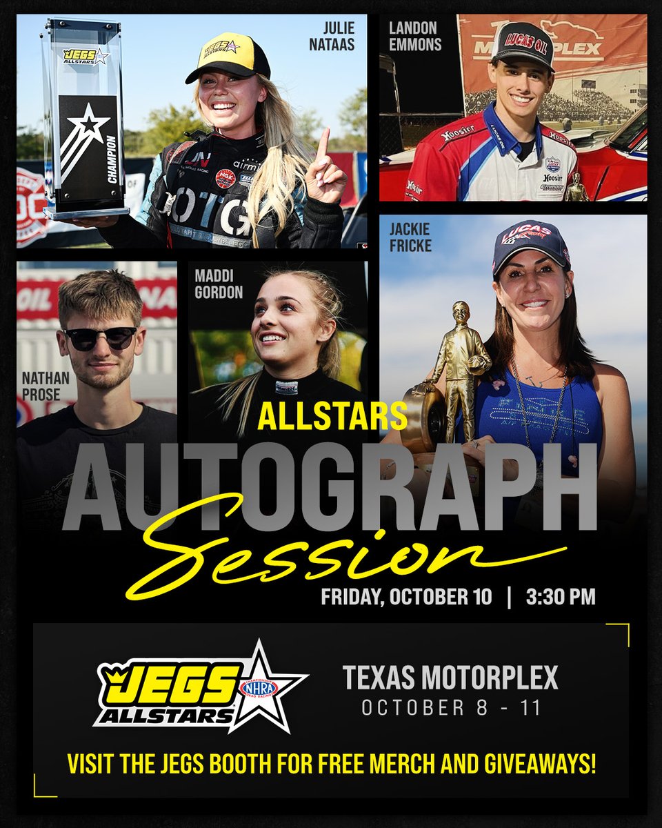 JEGSPerformance's tweet image. We’re kicking off Friday Night Live at Texas Motorplex for the @NHRA FallNationals. ⚡
Join us for JEGS Friday Night Live and grab free merch, enter giveaways, and meet some of the biggest names in the sport.
Starting at 3:30 PM, stop by for autograph sessions with Jeg…