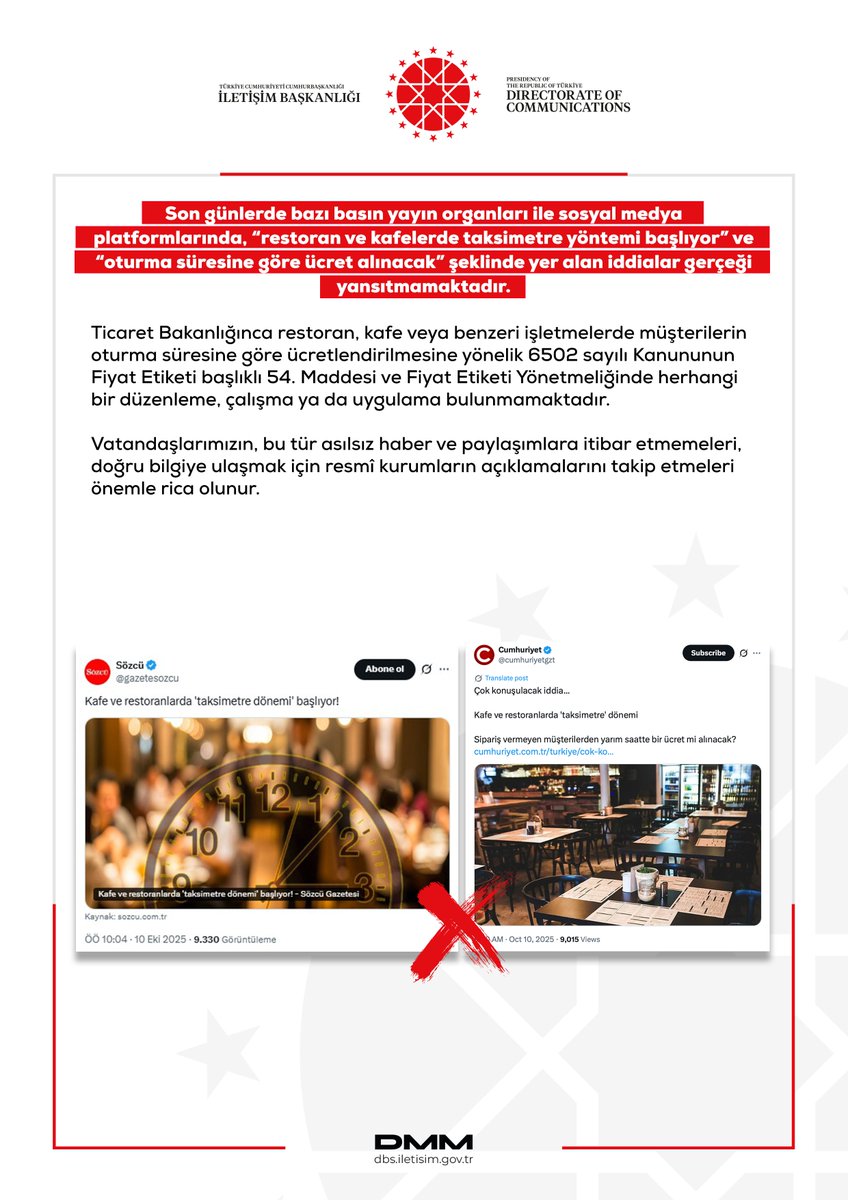 Graphic with Turkish government logo at top left showing Dezenformasyonla Mücadele Merkezi and Directorate of Communications. Central text warns about false claims on social media regarding taxi-meter billing in restaurants and cafes based on sitting time. Red X overlays misleading Twitter and Instagram posts depicting fabricated pricing scenarios in eateries with timers and charges. Bottom right stamped with DMMM logo.