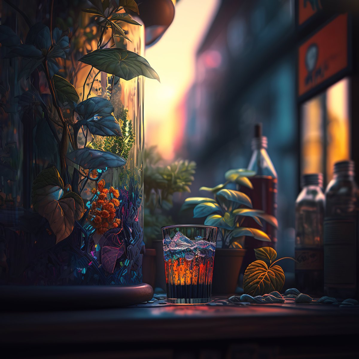 NoBanksNearby's tweet image. 4:45 PM. The wild sunset blazes, casting warm magic into the terrarium's cool depths and making the ice glow in your glass. This isn't just a drink; it's a minute to absorb the day's last light. Find the peace in this vibrant calm.
#NFTCollection #CreativeCode #PreciousMinutes…
