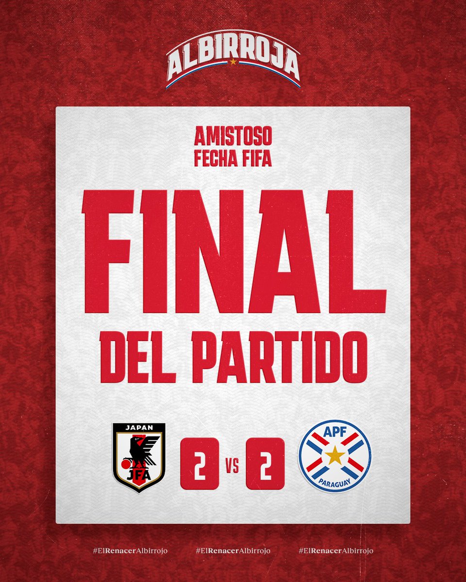 #AmistosoInternacional
  #FinalDelPartido

#Paraguay🇵🇾: 2
(Miguel Almirón, Diego Gómez)

Japón🇯🇵: 2
(Ogawa, Ayase)

#UnChiquiDeDeportes...