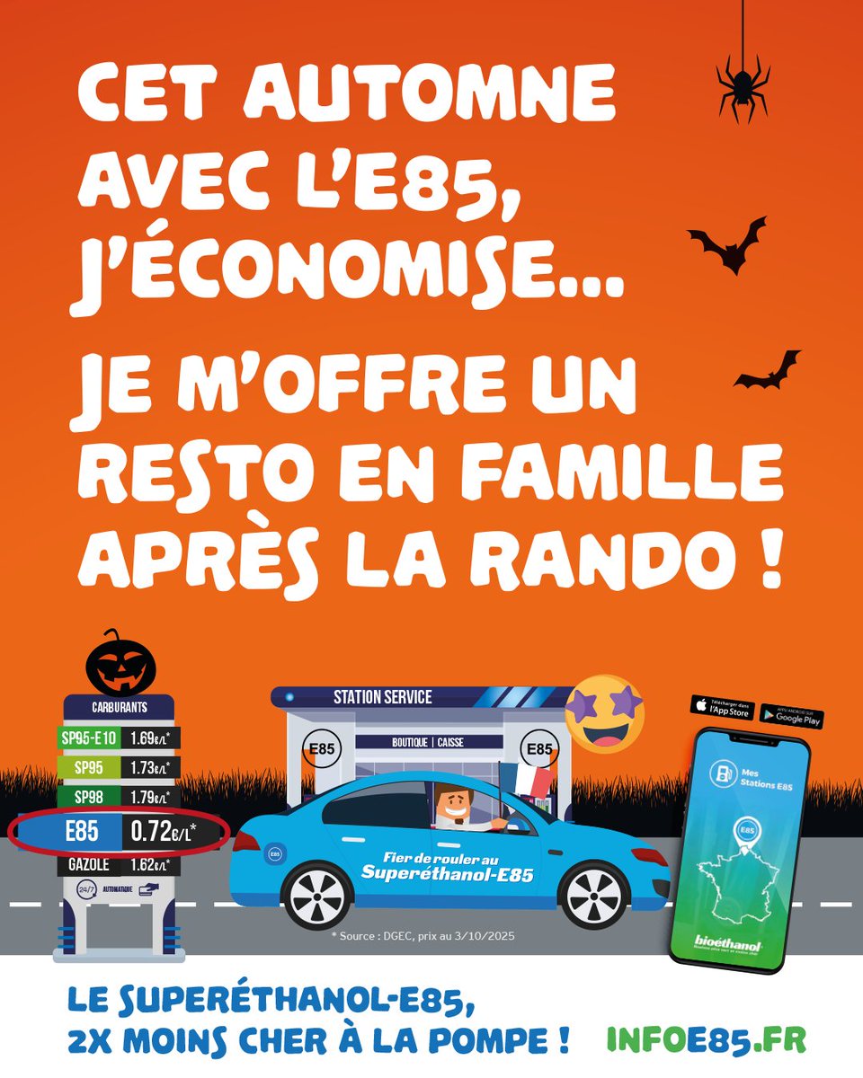 🎃 Vacances de la Toussaint : et si vous rouliez plus vert, pour moins cher ?

Alors que les départs approchent, le budget carburant reste un vrai sujet pour de nombreux Français.💡 Bonne nouvelle : le Superéthanol-E85 permet de faire le plein à moitié prix tout en réduisant