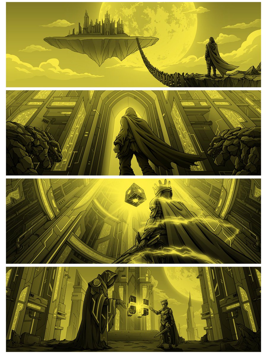 Tripp의 Solflare Guardian 4패널 일러스트 이야기, 망토를 두른 인물이 미래적 판타지 세계에서 장대한 여정을 그린 모습