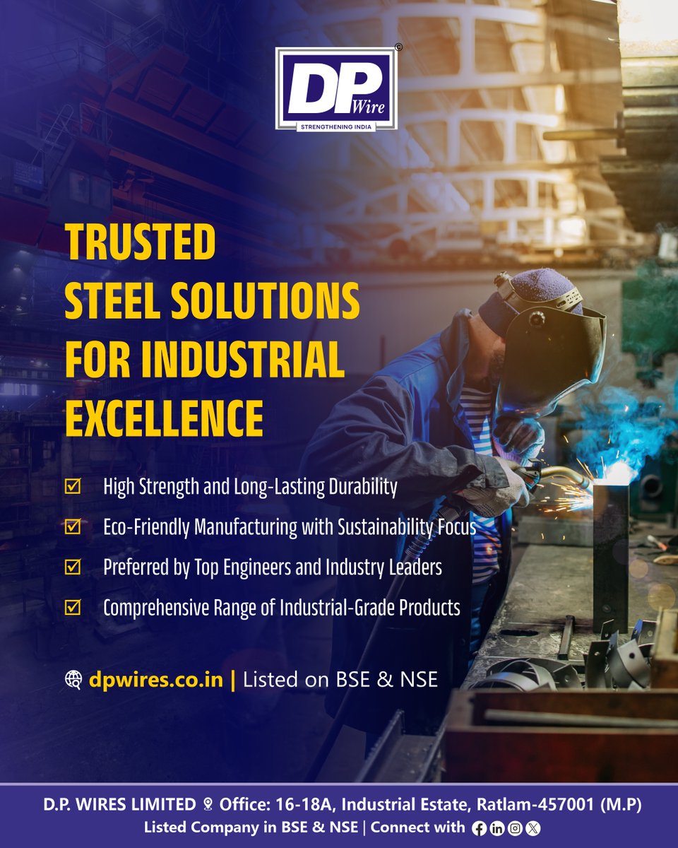 DPwiresltd's tweet image. DP Wires — your trusted steel wire solution, combining unmatched strength, superior quality, and lasting reliability to power your success.
.
Website: dpwires.co.in
.
#dpwires #lrpcstrands #strenght #Engineering #indianconstruction