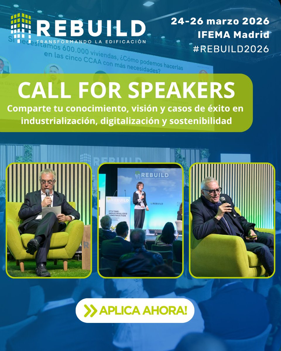 🎤 ¡El Call for Speakers sigue abierto!

¿Tienes una visión innovadora sobre construcción, IA, sostenibilidad o nuevos materiales?

📅 REBUILD 2026 | 24–26 marzo | IFEMA Madrid

👉 Súbete al escenario: bit.ly/Call_for_Speak…

#REBUILD2026 #CallForSpeakers #Edificación