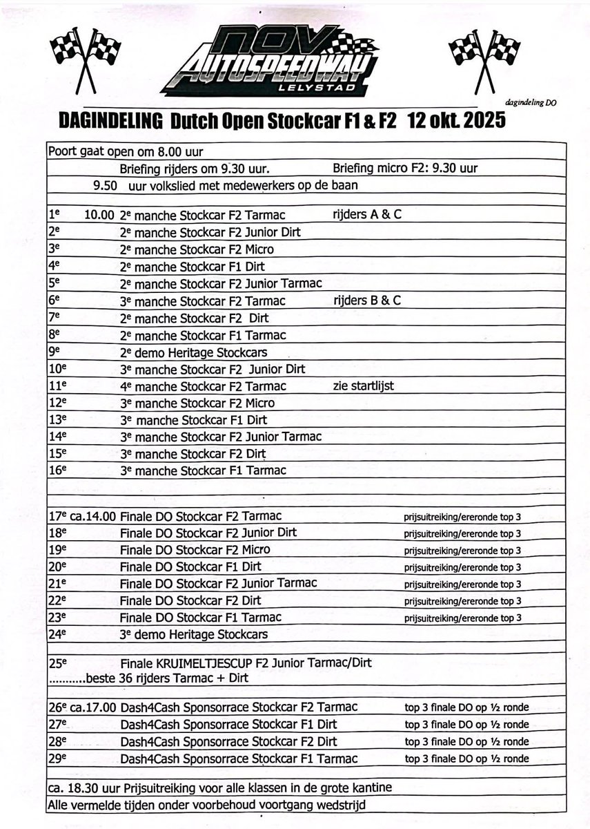 The schedule for the upcoming weekend at the NOV Autospeedway Lelystad 🏁 #DutchOpen

#brisca #stockcar