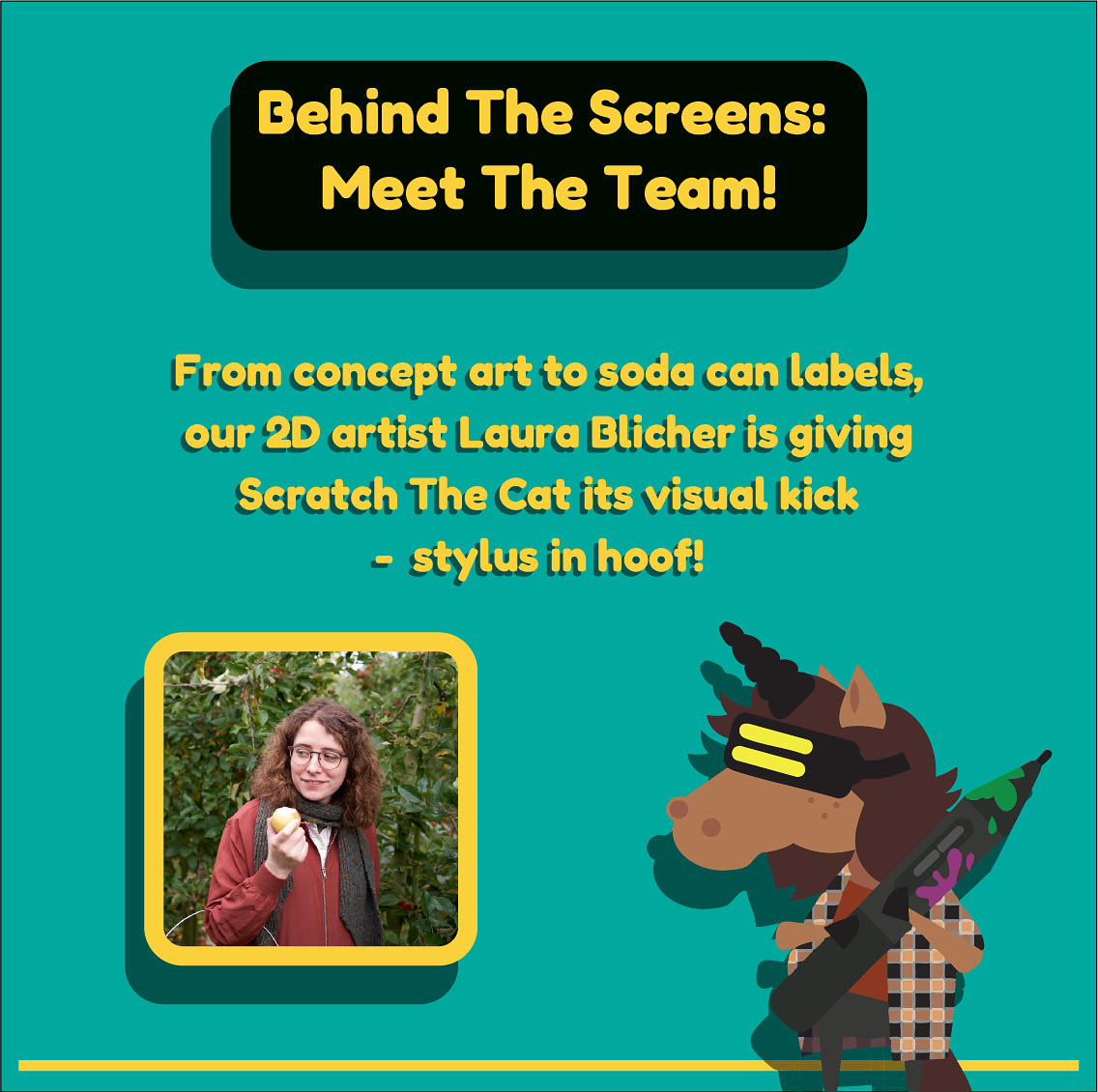 Meet Laura Blicher, our brilliant 2D artist and visual wrangler here at FlatPonies! 🐎🖌️

“Combining music puns, animals and whacky 90’s product design just feels right.”

Curious to hear her fun fact? 
Head on to the interview here: flatponies.com/news/behind-th… 

#gamedev #2Dartist