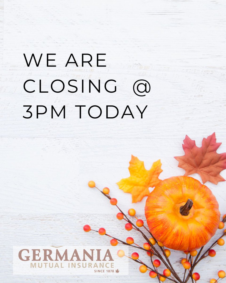Our office will be closed today at 3pm and will reopen on Tuesday, October 14th at 8:30am to assist you.
If you encounter any urgent claims issues 
please call 1-800-265-3433, option 4