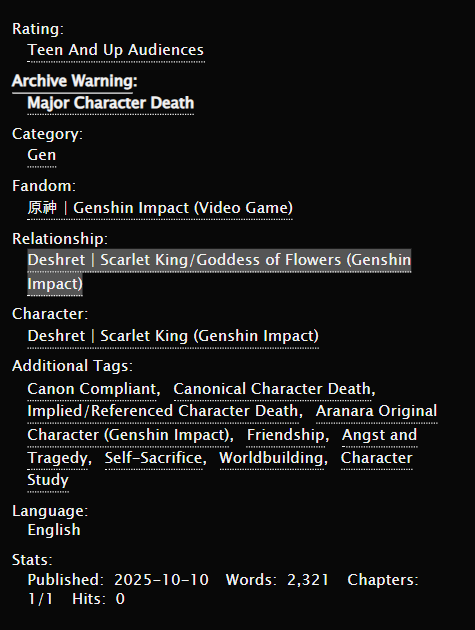 Paradise
#GenshinImpact #Aranara 

The story of a "lost" aranara, created with Queen Aranyani's kind and precious memories of King Deshret, who journeys into the desert to find the one who needs its companionship most.

※ Canon MCD 

archiveofourown.org/works/72230506

From <a href="/AranaraZine/">Aranara Tales Zine</a>