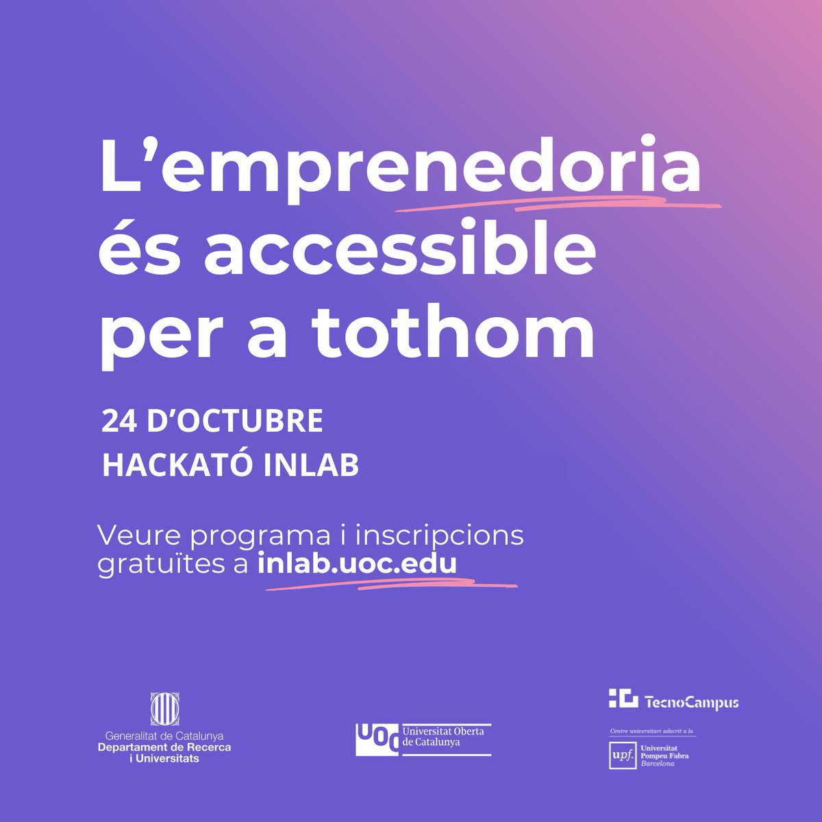 TecnoCampus's tweet image. Participa en el Hackató #INLAB!

Obert a qualsevol persona amb ganes de generar idees, de crear xarxa i de formar part d&apos;una comunitat #emprenedora més inclusiva i accessible.

📆 24 d’octubre del 2025
📍@UOCuniversity 

Inscripcions gratuïtes:
inlab.uoc.edu