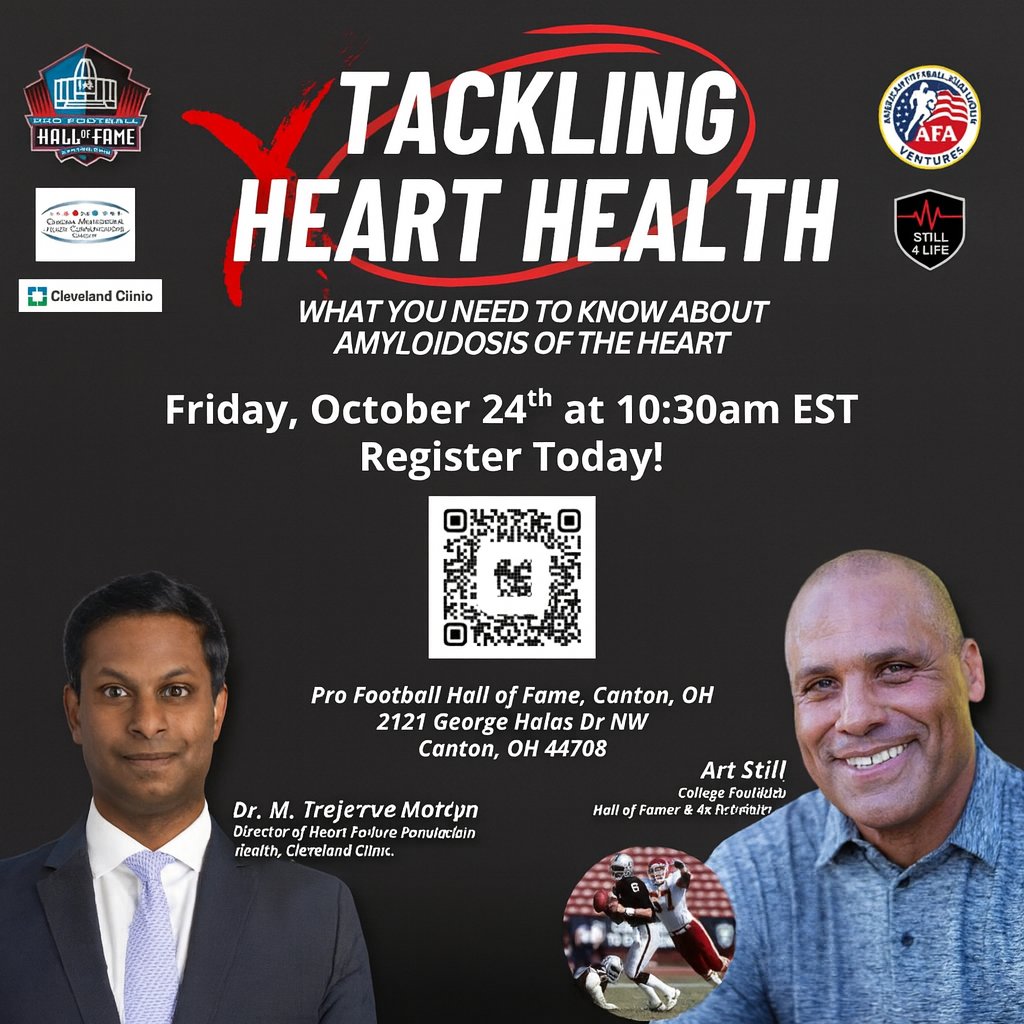 amerfoot's tweet photo. 🏈 Join us at the Pro Football Hall of Fame for “Tackling Heart Health” – a powerful program on amyloidosis of the heart with Cleveland Clinic’s Dr. M. Trejevre Moton &amp; NFL legend Art Still.
📅 Oct 24 | 10:30 AM – 12:30 PM
🎟️ $50 (includes lunch &amp; museum access) https://t.co/MSLspMBmFQ