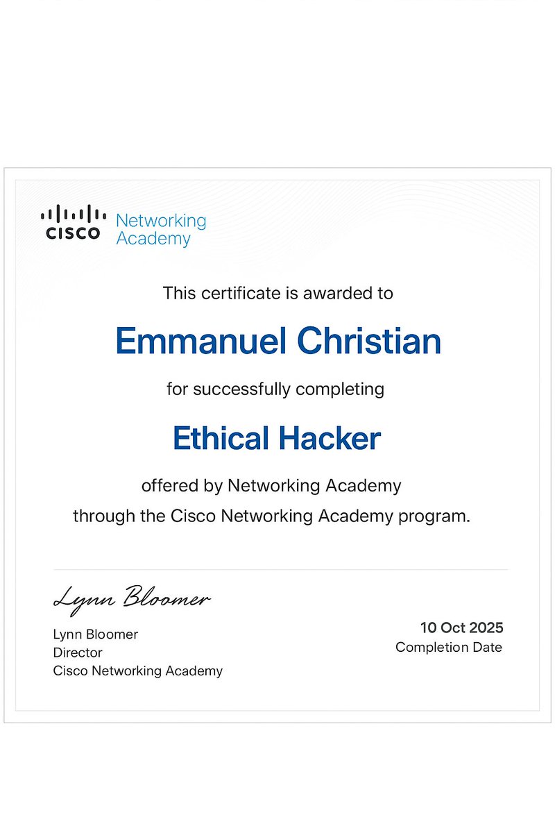 Crizillion_M's tweet image. 🎉 Just earned my Ethical Hacker certificate of completion from Cisco Networking Academy!
It’s been an amazing learning journey  every challenge was worth it.
@CiscoNetAcad

#EthicalHacking  #CiscoNetworkingAcademy