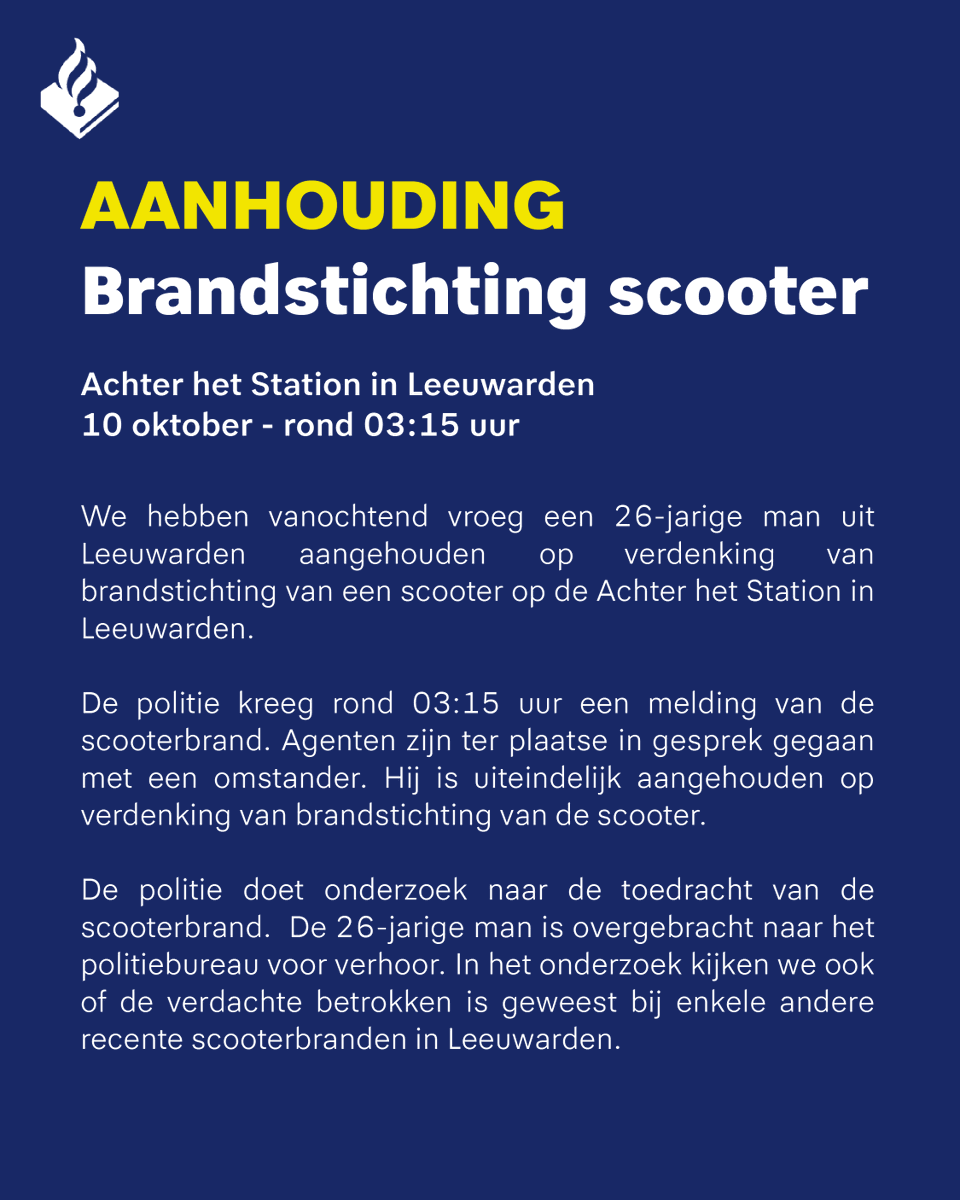 We hebben vanochtend vroeg een 26-jarige man uit Leeuwarden aangehouden op verdenking van brandstichting van een scooter op de Achter het Station in Leeuwarden.