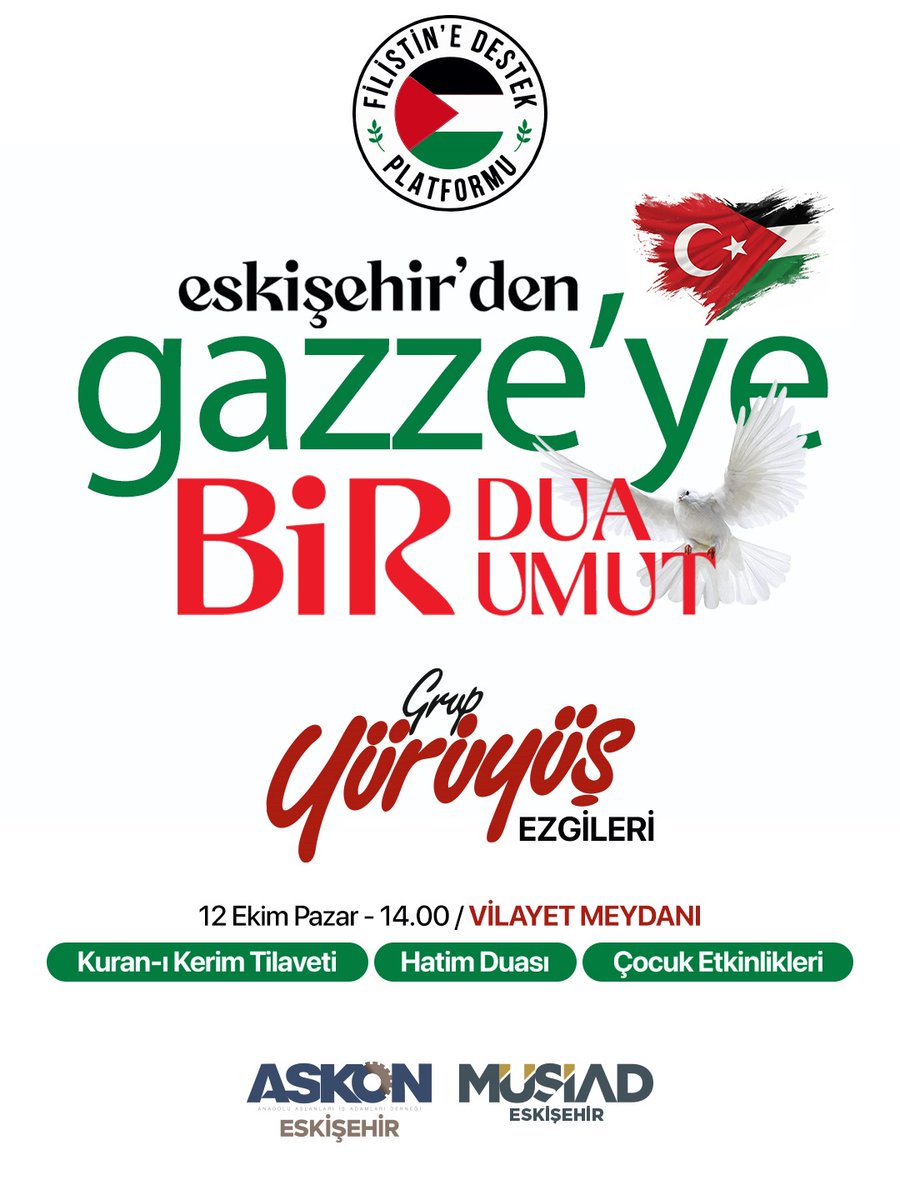 Eskişehir 👉  Vilayet Meydanı 

Filistin davasına gönül veren tüm kardeşlerimizi 12 Ekim Pazar günü saat 14.00'te VİLAYET MEYDANI'NA bekliyoruz. 

BAYRAKLARINIZI UNUTMAYIN! 🇵🇸