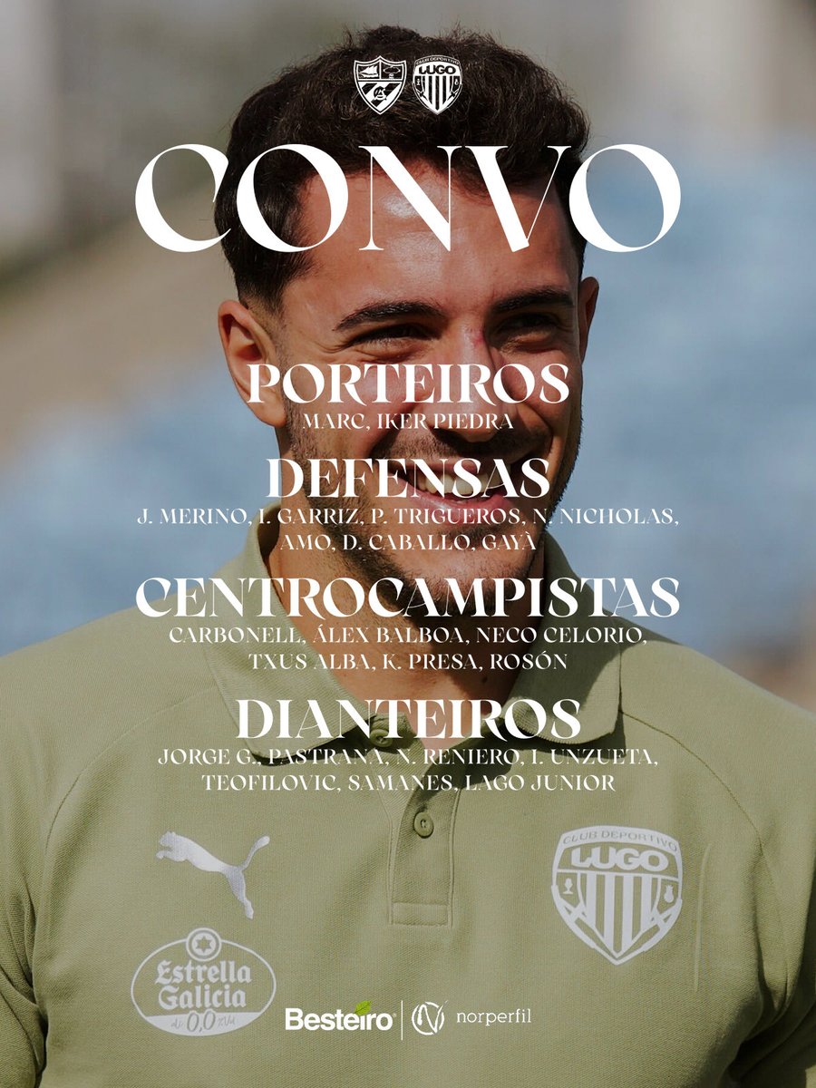 👤 𝐂𝐎𝐍𝐕𝐎𝐂𝐀𝐓𝐎𝐑𝐈𝐀 | Estes son os xogadores convocados para poñer rumbo a Getxo.  

#️⃣ <a href="/MaderasBesteiro/">MADERAS BESTEIRO</a> | #Norperfil 

#ArenasClubLugo 
#ForzaLugo