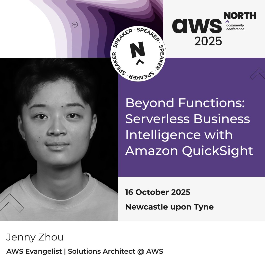 At #AWSNorth2025 Jenny Zhou will explore 'Beyond Functions: Serverless Business Intelligence with Amazon QuickSight' - how scalable, pay-per-use analytics can transform your data strategy.

#AWSCommunity #Serverless #QuickSight
