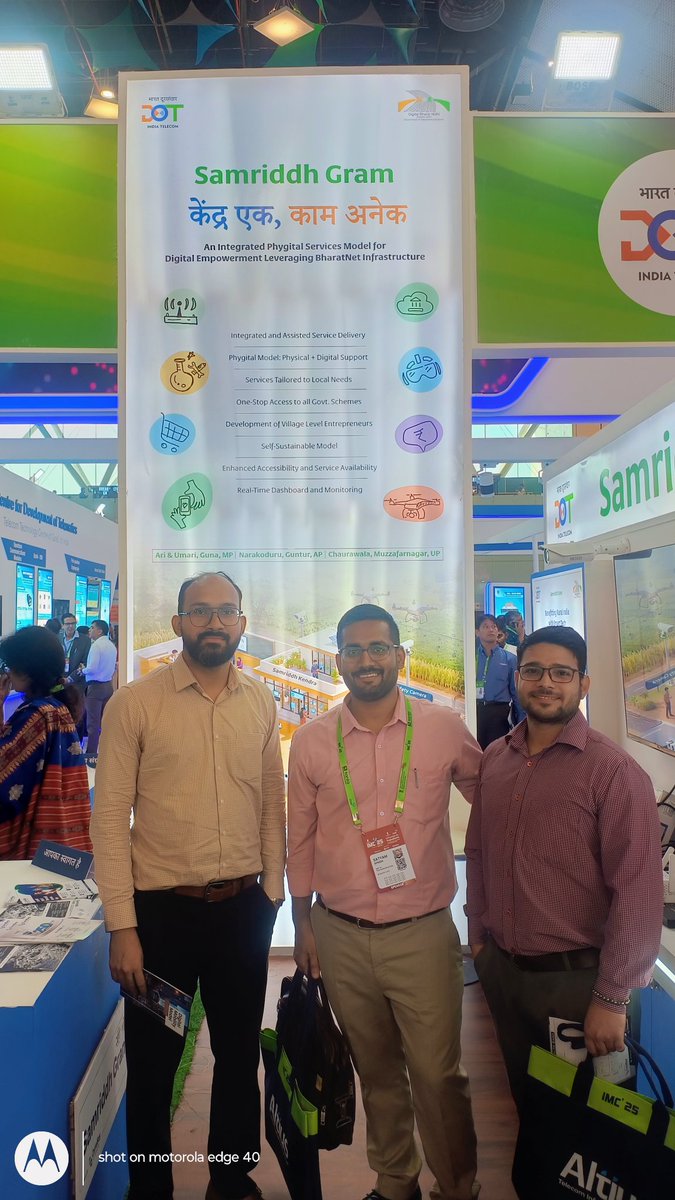 syknit's tweet photo. The @DoT_India is  making the telecom space safer through the DI Platform, more efficient through Digital Twin, more secure through NCCS, and ‘Antyodaya’-centric through initiatives like Samriddh Gram.Visited the vibrant DoT stall as part of IMC 2025....great Job by the team https://t.co/YNVGBZZziW