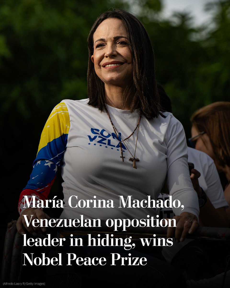 The Nobel Peace Prize was awarded to María Corina Machado, a Venezuelan opposition leader who has become a symbol of democratic resistance against an increasingly authoritarian regime, even as she's been forced into hiding and barred from public office. wapo.st/472p6po