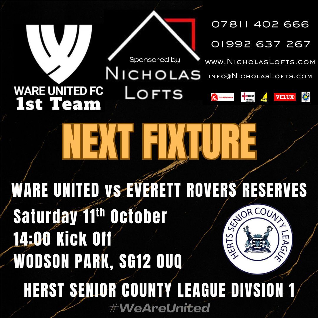 ⚽⚽1sts NEXT FIXTURE⚽⚽ 

It's the big one!! The two unbeaten sides in <a href="/hscfl/">HSCL</a> Division 1 face off in an early season top of the table clash. <a href="/EverettRessies/">Everett Rovers Saturday Reserves</a> visit <a href="/wodsonpark/">💙⚽🏐🏀Wodson Park🏸🏓🎾💚</a> in what promises to be an excellent fixture. Get yourself over and cheer on the lads, be our 12th man!!