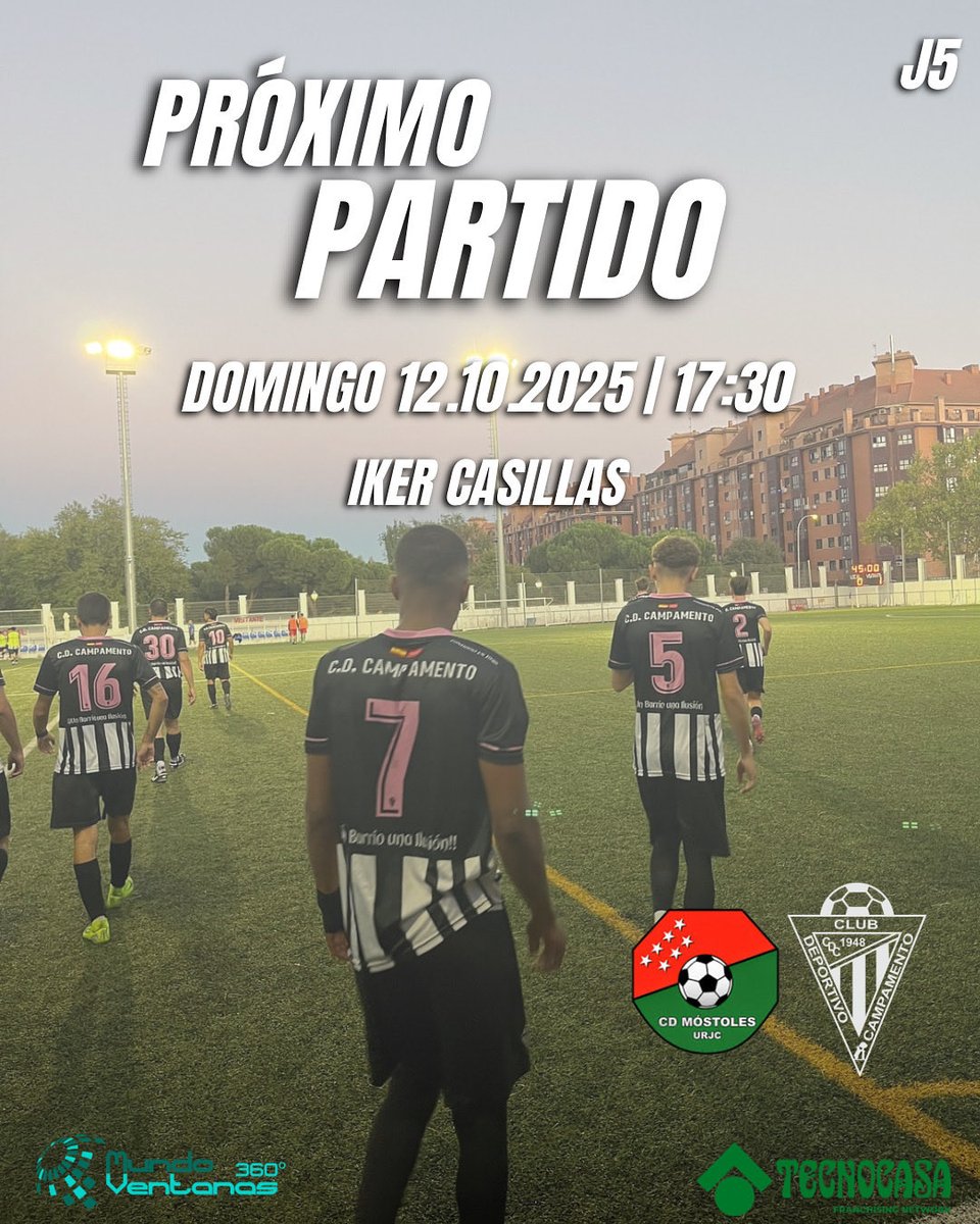 📆 ⚽️ DÍA DE PARTIDO | 

✈️ J5

🆚 <a href="/CDMostoles/">CD Móstoles URJC</a> 

🗓️ 12/10/2025

🕢 17:30

📍Campos de fútbol Iker Casillas

👥 Hazte soci@ y disfruta gratis de todos los partidos del primer equipo y muchas más ventajas

🤝🏼¡Te esperamos! 

¡Un barrio, una ilusión! 🖤🤍🖤🤍