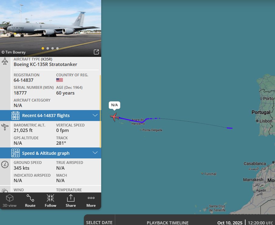 SirListenalot's tweet image. #KC135 #AE042E #BLUE11 (LEMO - KBGR) picked up (six) "ID"/"KC" #A10's #TABOR61 from Lajes bound for Pease. KC135 #AE038A #BLUE12 out of Columbus is on its way to join in