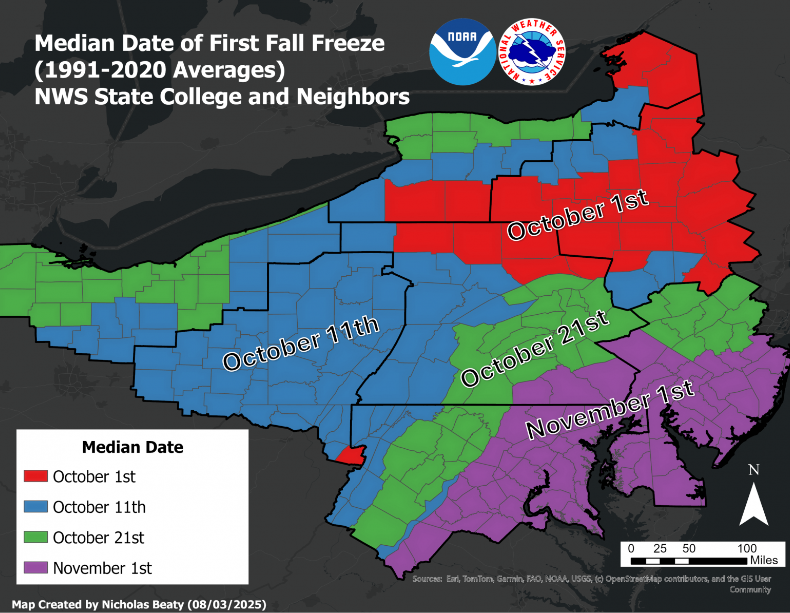 Many areas this morning are at or below the freezing mark across northern and western PA.  Compared to the average date of the first Fall freeze, many spots are near the climatological time for this occurrence (though some isolated areas did get near freezing in early Sept).